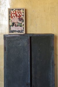 David Ireland, Cabinet with Partially Opened Door with Painting by Roy Deforest, 1978-1988, Painted metal, acrylic painting on wood, glass